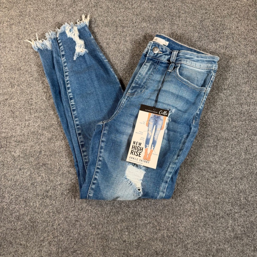 Cello Womens High Rise Ankle Skinny Jeans Distressed Fray Hem Blue 7/28 #3537